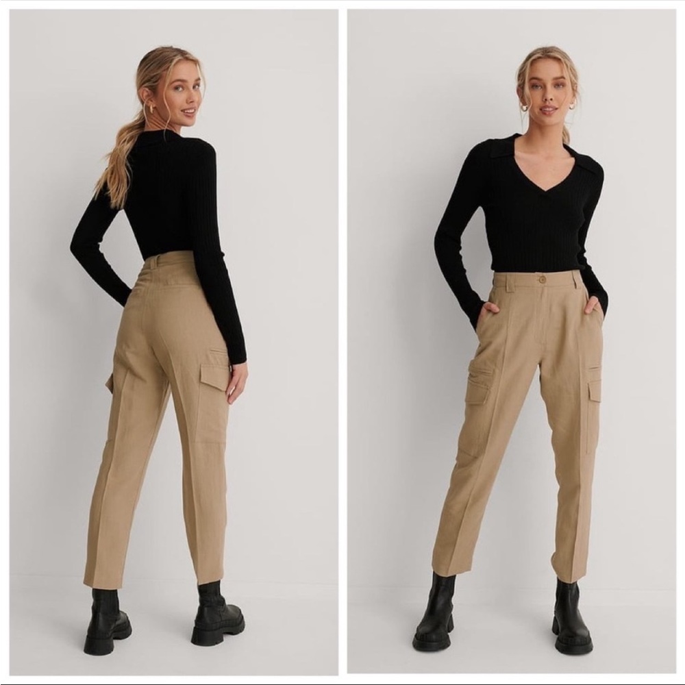 NA-KD Linen Blend Fluid Tapered Leg Cargo Pants Beige Tan